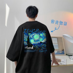 (image for) XT4163-TP35 control 48 luminous printed short-sleeved T-shirt trendy American starry sky printed loose boys T-shirt