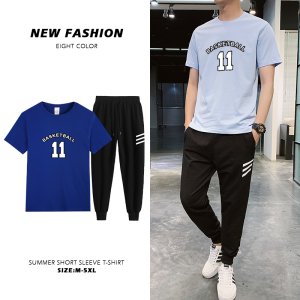 (image for) 2024 new summer trendy two-piece set youth sports and leisure T-shirt short-sleeved suit men\'s large goods P60